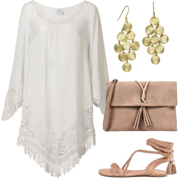 Outfit donna - Musica etnica. Stile Etnico per Serata fuori. Abbinamento con vestiti da spiaggia, borsa a tracolla effetto scamosciato taglia media con zip e nappine, sandali con nodi e frange collo aperto in denim suola piatta, orecchini.