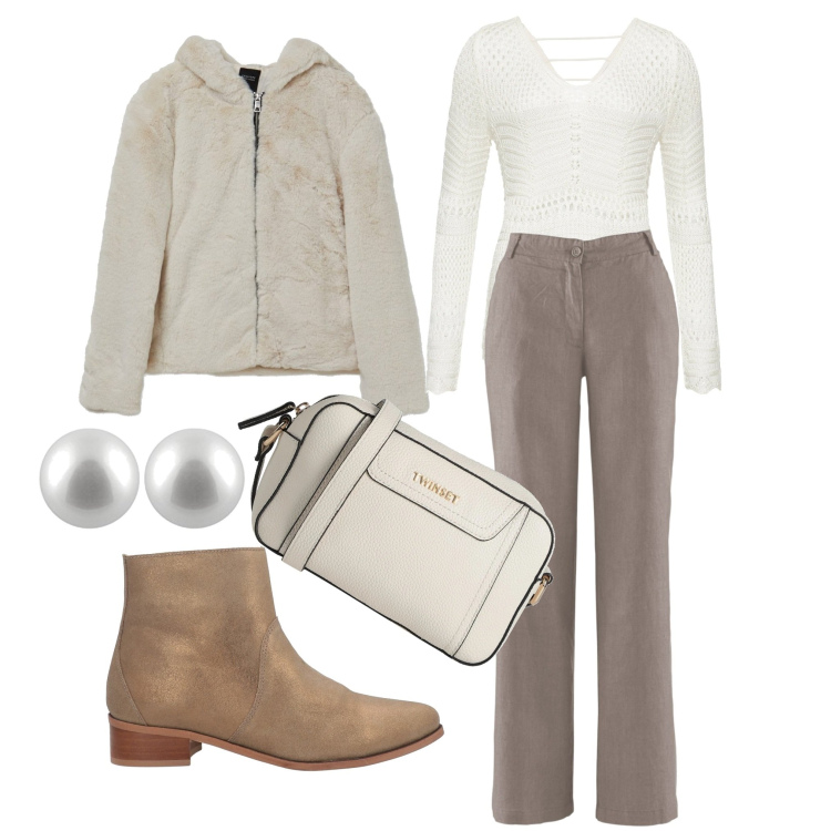 Outfit donna - Perla e ostrica. Stile Chic per Ufficio. Abbinamento con pantaloni, maglieria, borse a tracolla, stivaletti, giacche, orecchini.