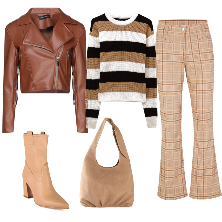 Outfit donna - Colori caldi. Stile Casual per Tutti i giorni. Abbinamento con pantaloni, borse a tracolla, giacche, stivaletti, maglieria.