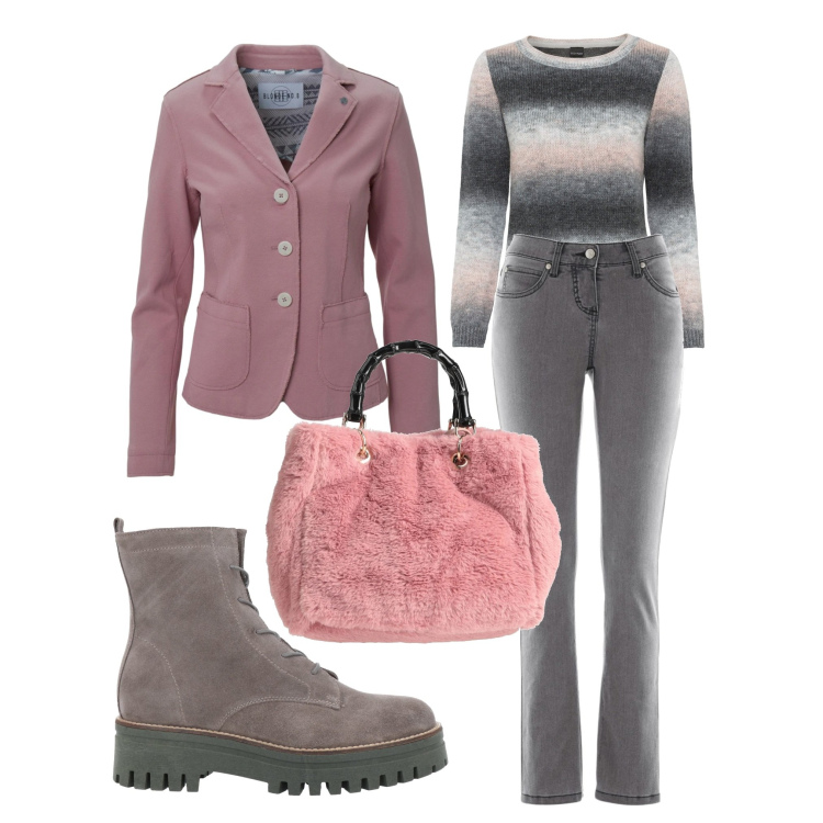 Outfit donna - Think pink. Stile Casual chic per Tutti i giorni. Abbinamento con jeans slim fit, maglieria, stivaletti, borse a mano, giacche.