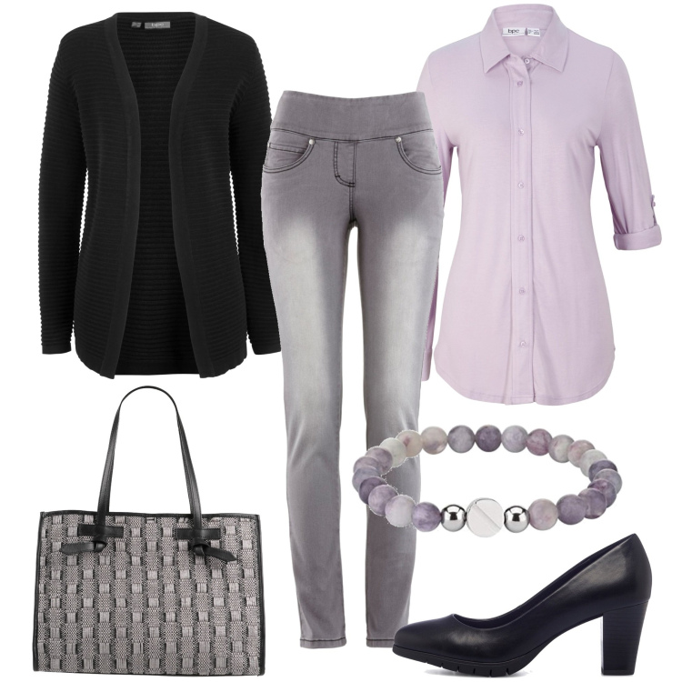 Outfit donna - Stretch comodo. Stile Urban per Ufficio. Abbinamento con jeans slim fit, cardigans, camicie, borse a mano, décolleté, braccialetti.