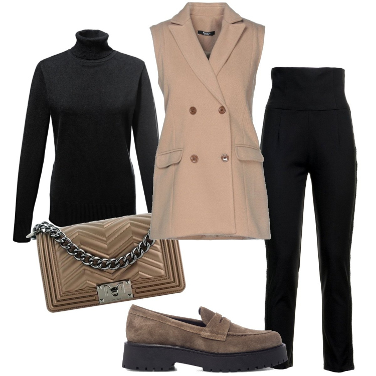 Outfit donna - Sotto nero sopra beige. Stile Urban per Serata fuori. Abbinamento con maglieria, blazer, borse a tracolla, pantaloni, mocassini.