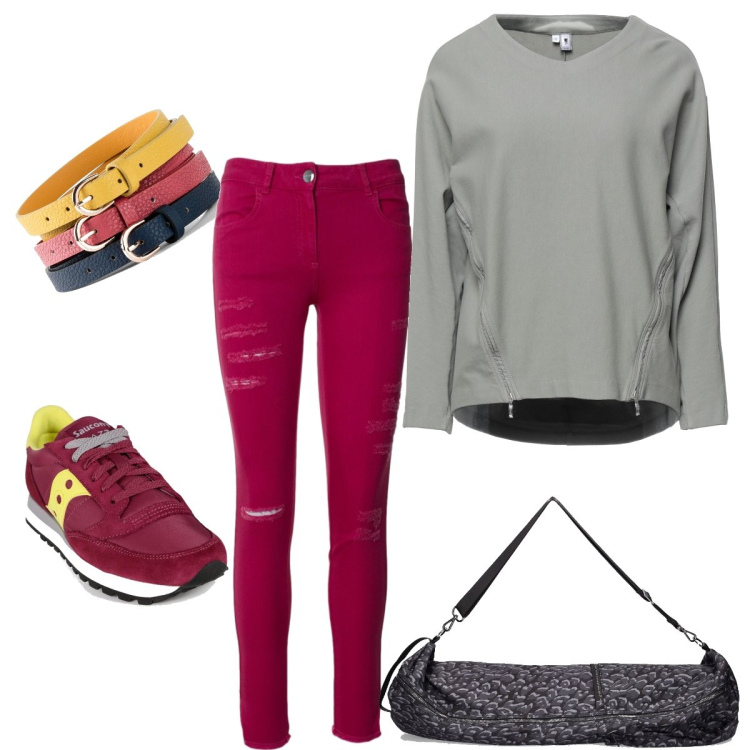 Outfit donna - Vado a pilates. Stile Sporty chic per Sport. Abbinamento con cinture, felpe, sneakers, pantaloni skinny, borse sportive.