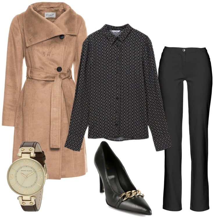 Outfit donna - Total look #1457136. Stile Trendy per Serata fuori. Abbinamento con pantaloni, cappotti, décolleté, camicie, orologi.