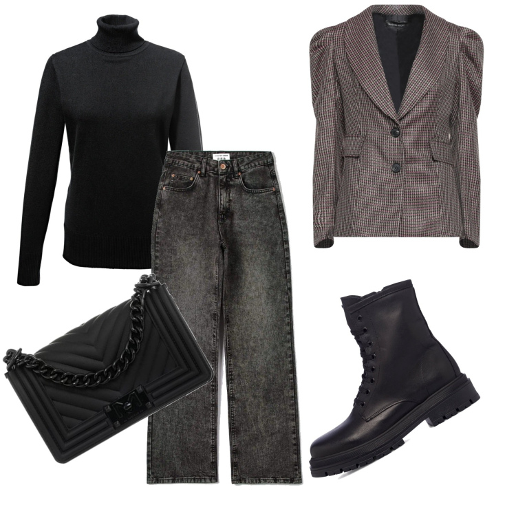 Outfit donna - Focus sulla comodità. Stile Casual chic per Tutti i giorni. Abbinamento con maglieria, blazer, jeans, borse a tracolla, anfibi.