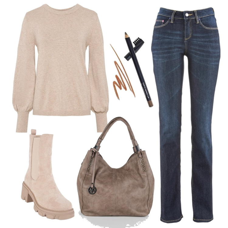 Outfit donna - Semplicità. Stile Casual per Tutti i giorni. Abbinamento con maglieria, jeans dritti, stivaletti, borse a spalla, eyeliner.