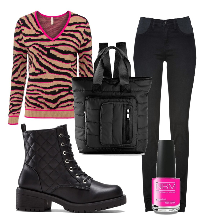 Outfit donna - Total look #1457195. Stile Glamour per Tutti i giorni. Abbinamento con jeans skinny, maglieria, zaini, stivaletti, smalti.