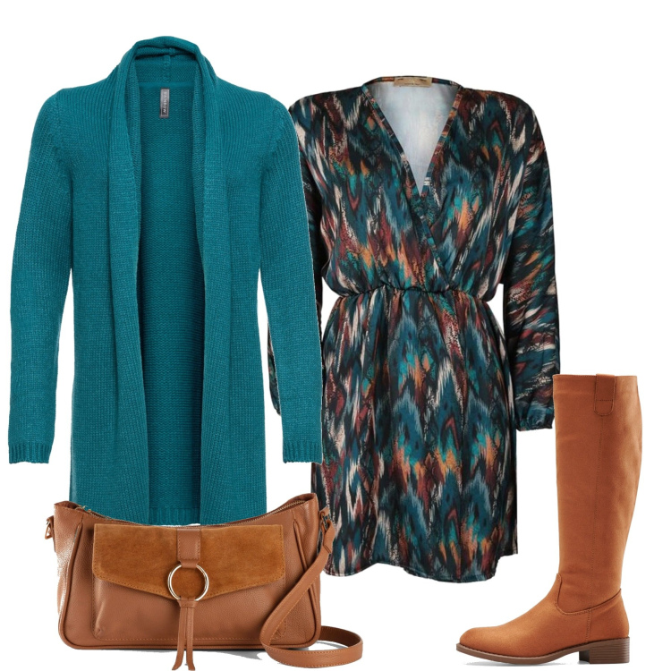 Outfit donna - In città. Stile Casual chic per Tutti i giorni. Abbinamento con cardigans, stivali, borse a tracolla, vestiti lunghi.