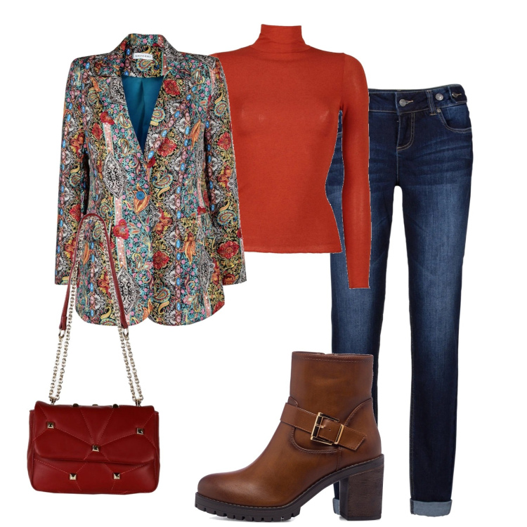 Outfit donna - La giacca fantasia. Stile Trendy per Tutti i giorni. Abbinamento con jeans boyfriend, blazer, maglieria, borse a mano, stivaletti.