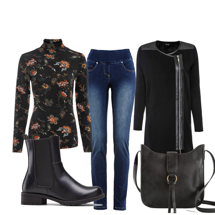 Outfit donna - Total look #1457259. Stile Basic per Tutti i giorni. Abbinamento con jeans slim fit, borse a tracolla, cardigans, maglieria, stivaletti.