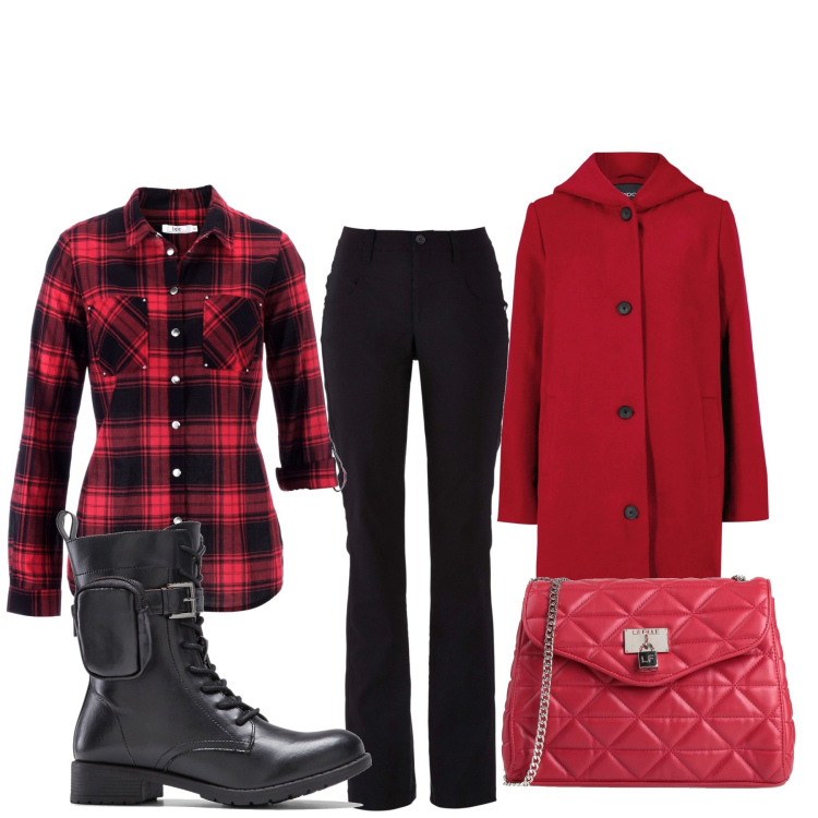 Outfit donna - Rosso e nero. Stile Basic per Tutti i giorni. Abbinamento con camicie, pantaloni, cappotti, stivaletti, borse a tracolla.