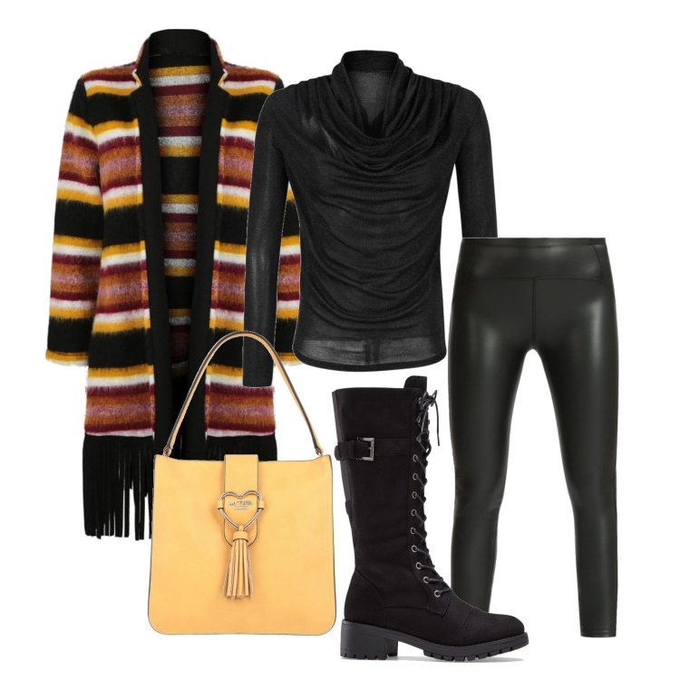 Outfit donna - Con la borsa gialla. Stile Casual per Tutti i giorni. Abbinamento con stivali, borse a mano, cappotti, maglieria, treggings.