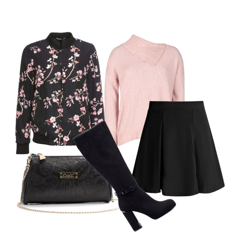 Outfit donna - Il bomber con le rose. Stile Trendy per Tutti i giorni. Abbinamento con bomber, minigonne, maglieria, pochette, stivali.
