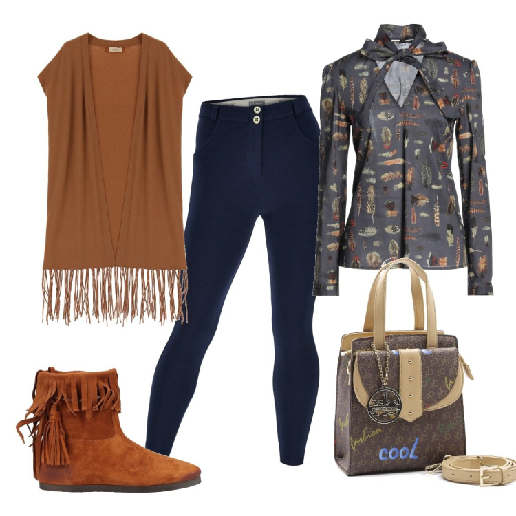 Outfit donna - Total look #1457611. Stile Chic per Tutti i giorni. Abbinamento con bluse, stivaletti, pantaloni skinny, borse a mano, gilet.