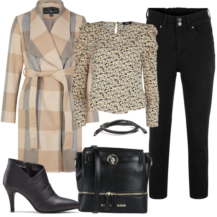Outfit donna - Easy in ufficio. Stile Casual per Serata fuori. Abbinamento con jeans, cappotti, stivaletti, borse a tracolla, bluse, braccialetti.