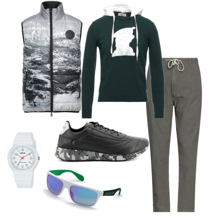 Outfit uomo - Un tocco di verde. Stile Urban per Tutti i giorni. Abbinamento con sneakers, pullovers, pantaloni, piumini, occhiali da sole, orologi.