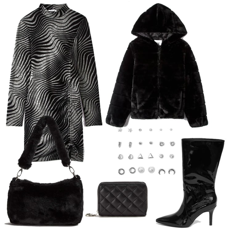 Outfit donna - Terranova Winter. Stile Sexy per Serata fuori. Abbinamento con vestiti corti, ecopellicce, borse a spalla, portafogli, stivali, orecchini.