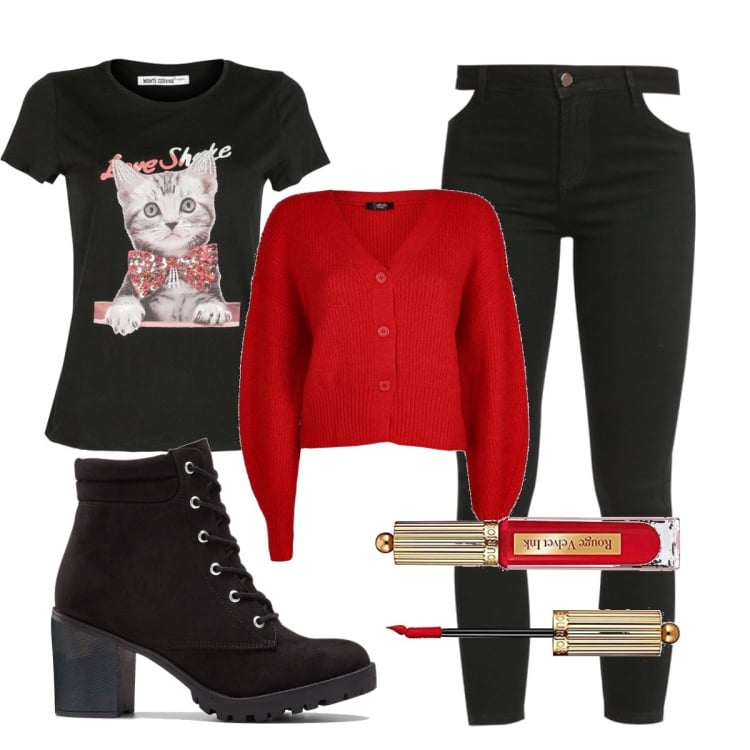 Outfit donna - Total look #1457906. Stile Glamour per Tutti i giorni. Abbinamento con stivaletti, cardigans, t-shirt, jeans slim fit, rossetti.