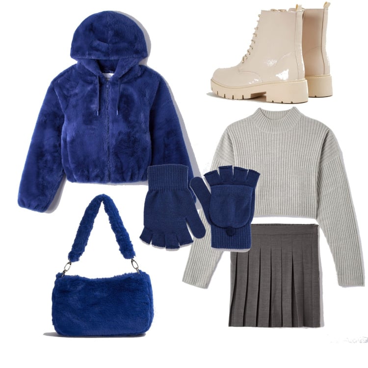 Outfit donna - Il pellicciotto blu non può mancare. Stile Casual per Scuola/Università. Abbinamento con cappotti, anfibi, minigonne, borse a spalla, maglieria, guanti.