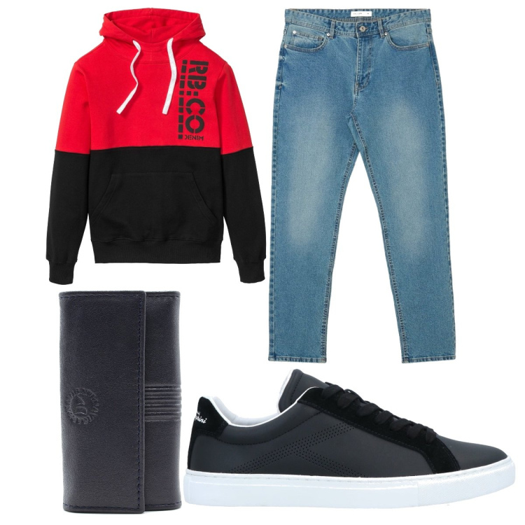 Outfit uomo - Total look #1457987. Stile Trendy per Tutti i giorni. Abbinamento con felpe con cappuccio, sneakers, jeans, portachiavi.