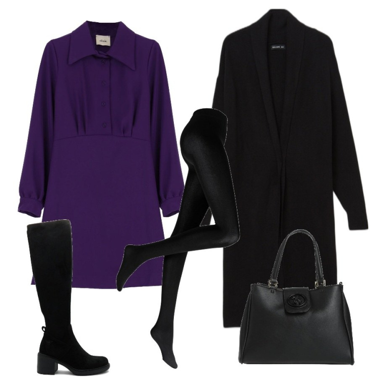 Outfit donna - Total look #1458015. Stile Casual chic per Serata fuori. Abbinamento con collant, borse a mano, cardigans, vestiti corti, stivali.