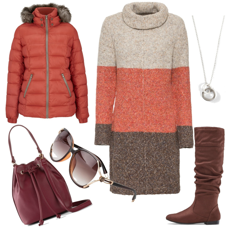 Outfit donna - Giornata fredda. Stile Casual chic per Scuola/Università. Abbinamento con vestiti, occhiali da sole, piumini, stivali, borse a mano, collane.