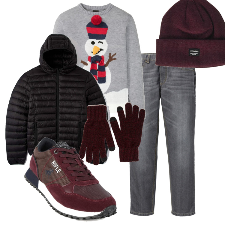Outfit uomo - Mi preparo al Natale. Stile Trendy per Tutti i giorni. Abbinamento con jeans dritti, maglieria, cappotti, guanti, sneakers, berretti.