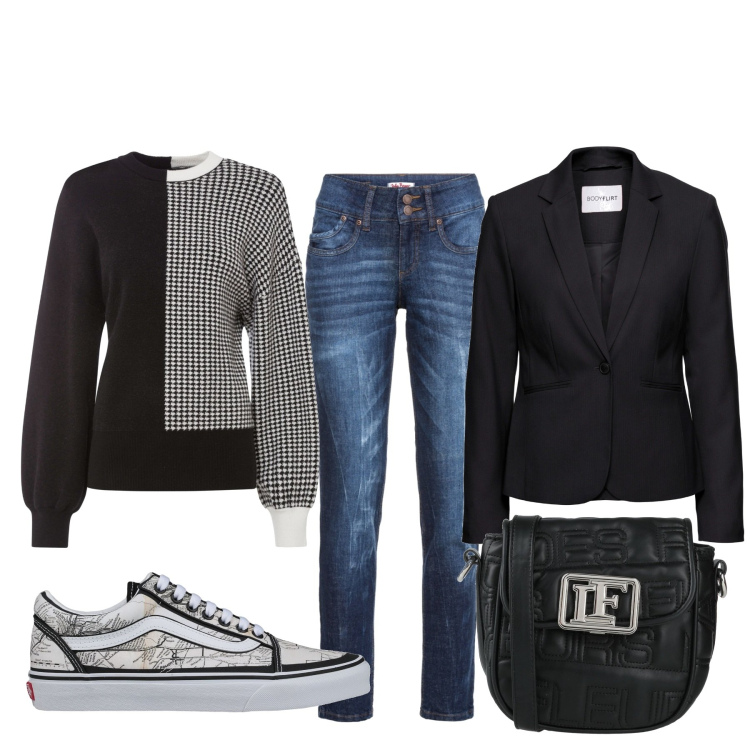 Outfit donna - Total look #1458223. Stile Basic per Tutti i giorni. Abbinamento con blazer, maglieria, jeans mom, sneakers, borse a tracolla.
