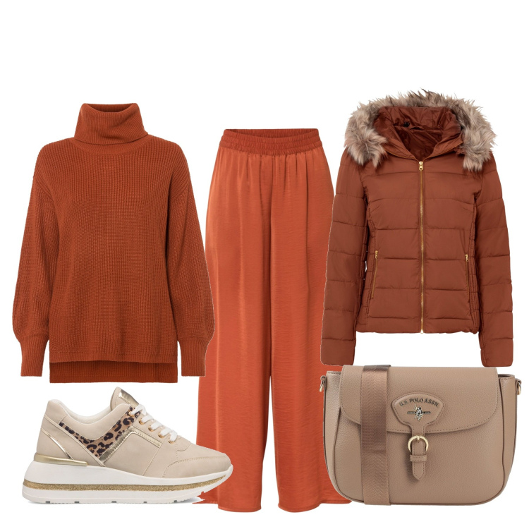Outfit donna - Total look #1458229. Stile Basic per Tutti i giorni. Abbinamento con giacche, pantaloni a palazzo, maglieria, borse a tracolla, sneakers.