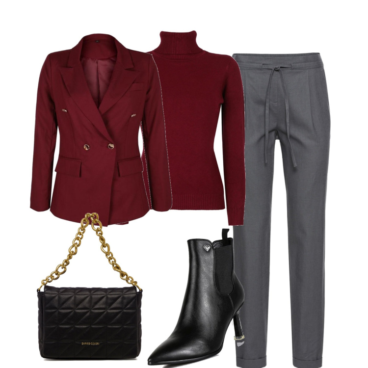 Outfit donna - Il blazer bordeaux. Stile Casual chic per Tutti i giorni. Abbinamento con pantaloni, blazer, stivaletti, maglieria, borse a tracolla.