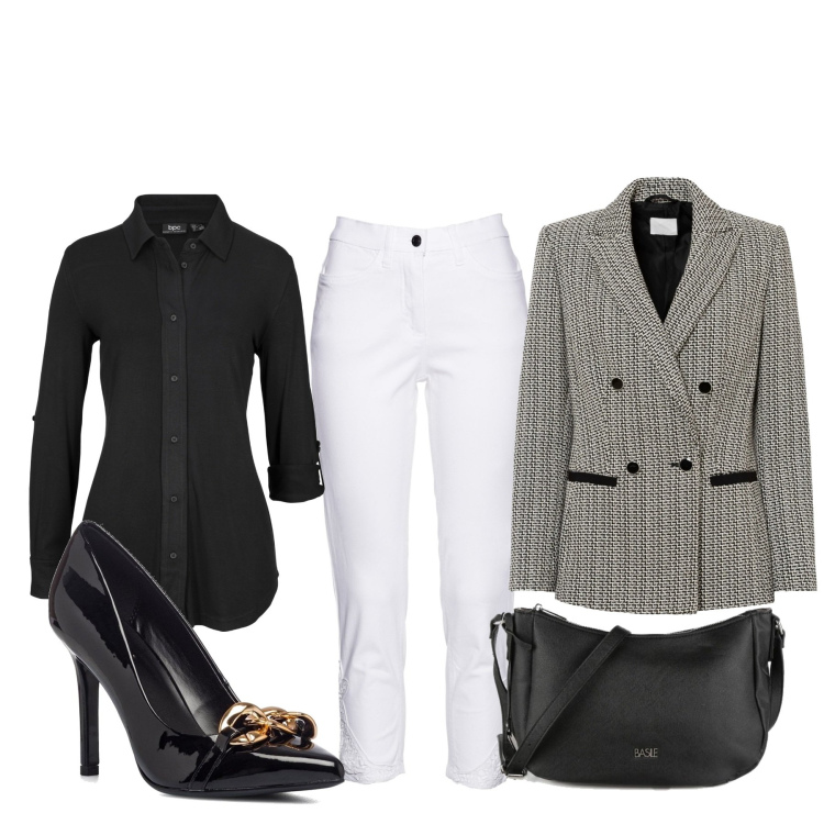 Outfit donna - Total look #1458345. Stile Bon Ton per Ufficio. Abbinamento con camicie, blazer, jeans, borse a tracolla, décolleté.
