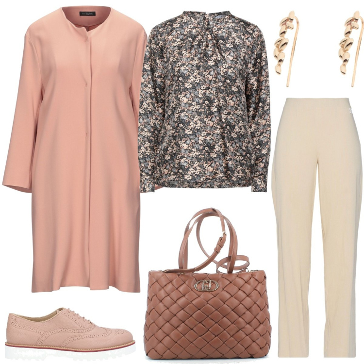 Outfit donna - Ufficio. Stile Casual chic per Ufficio. Abbinamento con scarpe stringate, orecchini, pantaloni, bluse, cappotti, borse a tracolla.