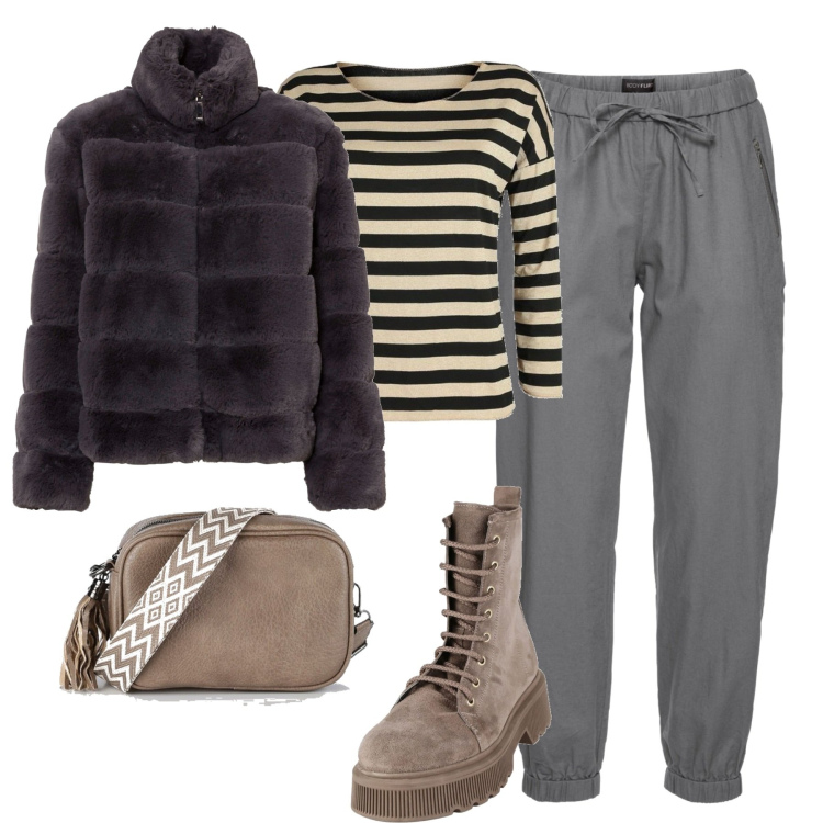Outfit donna - Total look #1458418. Stile Casual per Tutti i giorni. Abbinamento con pantaloni, ecopellicce, borse a mano, anfibi, t-shirt.