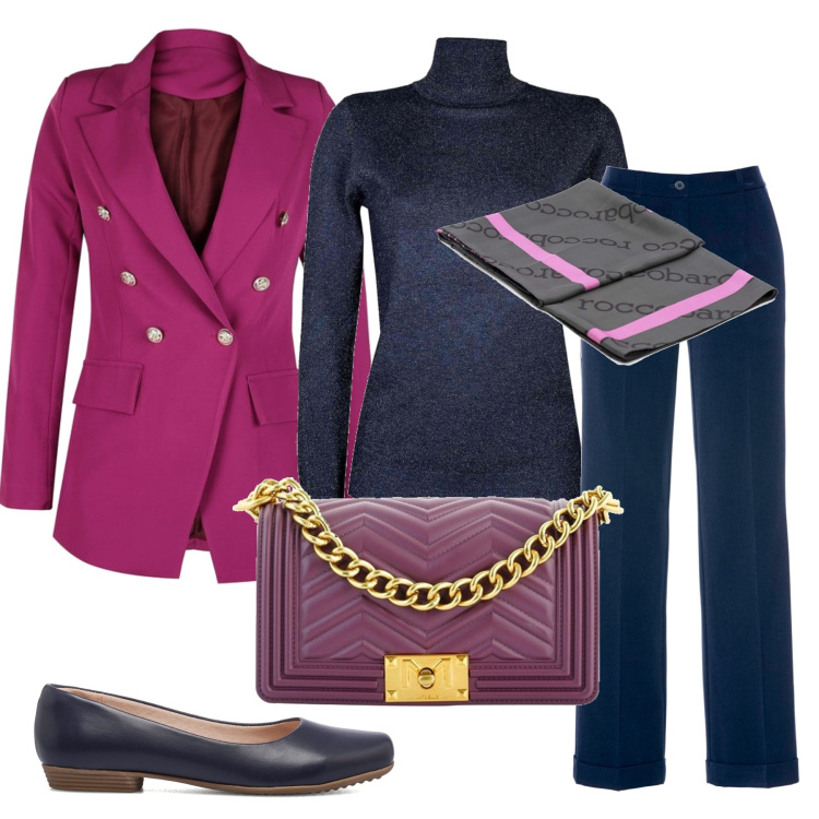 Outfit donna - Urban #8611. Stile Urban per Ufficio. Abbinamento con pantaloni, blazer, pullovers, borse a tracolla, foulard, ballerine.