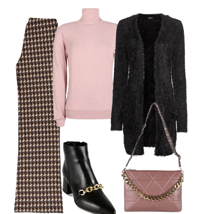 Outfit donna - I pantaloni fantasia. Stile Trendy per Tutti i giorni. Abbinamento con cardigans, stivaletti, maglieria, pochette, pantaloni.