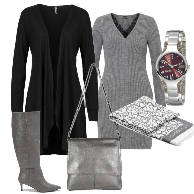 Outfit donna - Basic #10818. Stile Basic per Ufficio. Abbinamento con cardigans, vestiti, borse a tracolla, stivali, foulard, orologi.