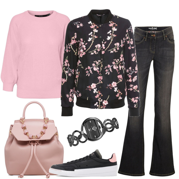 Outfit donna - Il bomber a fiori. Stile Casual per Tutti i giorni. Abbinamento con bomber, jeans bootcut, pullovers, zaini, sneakers, orologi.