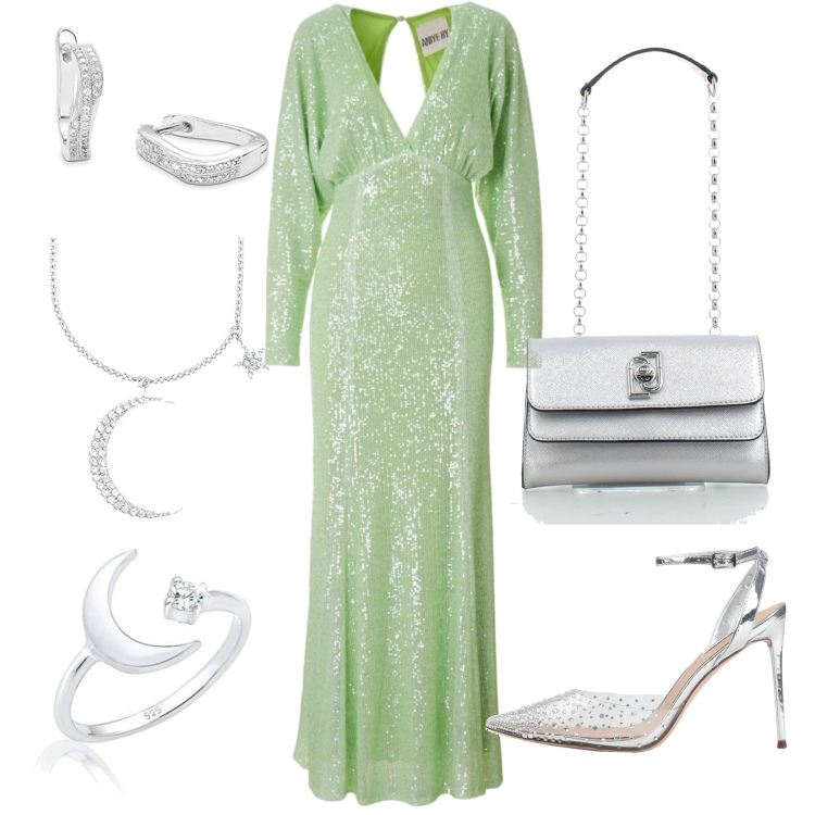 Outfit donna - Cinderella. Stile Glamour per Cerimonia. Abbinamento con décolleté, clutch, vestiti lunghi, anelli, orecchini, ciondoli.