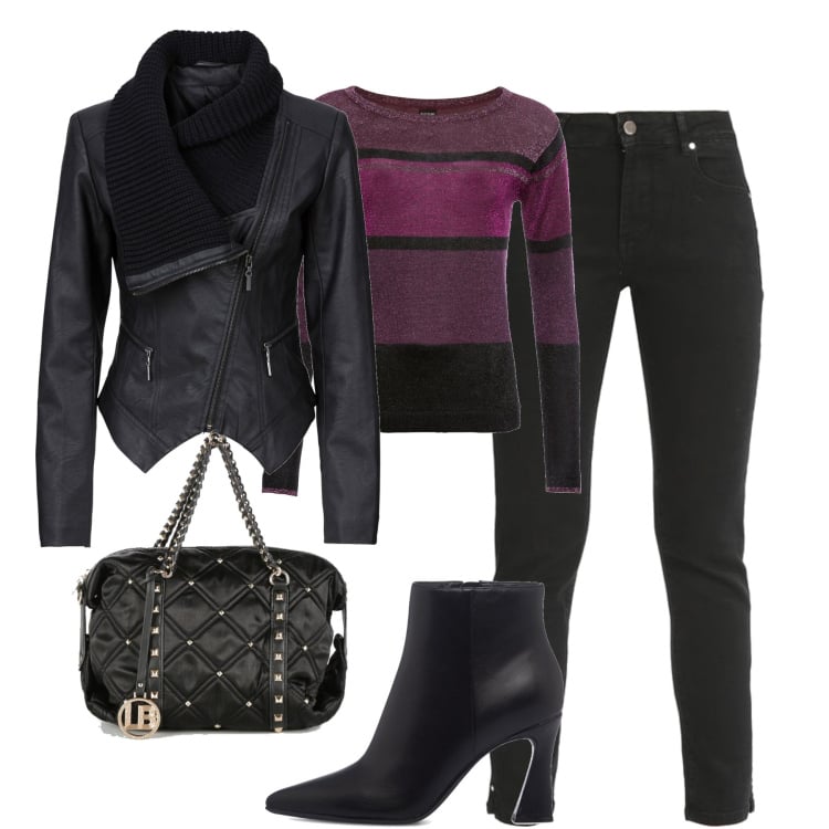 Outfit donna - Serata. Stile Casual chic per Serata fuori. Abbinamento con maglieria, blazer, jeans, borse a mano, stivaletti.