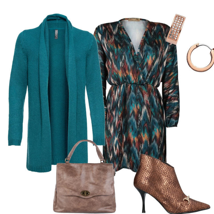 Outfit donna - In città. Stile Casual chic per Tutti i giorni. Abbinamento con cardigans, stivaletti, vestiti lunghi, borse a mano, orecchini.