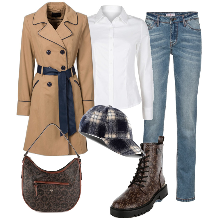 Outfit donna - In città. Stile Casual chic per Tutti i giorni. Abbinamento con trench, jeans dritti, cappelli con visiera, anfibi, camicie, borse a spalla.