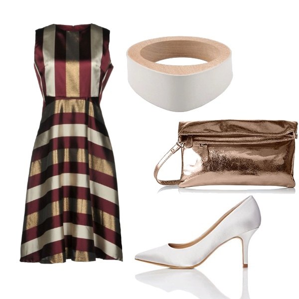 Outfit donna - Bon Ton #9093. Stile Bon Ton per Cerimonia. Abbinamento con vestito a righe effetto laminato collo tondo con zip interno foderato in raso, bracciale, décolleté, borsa a tracolla oro.