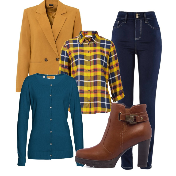 Outfit donna - Total look #1458977. Stile Casual chic per Ufficio. Abbinamento con jeans slim fit, blazer, camicie, cardigans, stivaletti.