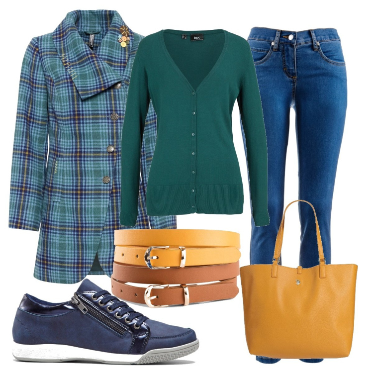 Outfit donna - Total look #1458999. Stile Casual chic per Tutti i giorni. Abbinamento con jeans dritti, cappotti, cardigans, sneakers alte, cinture, borse a mano.