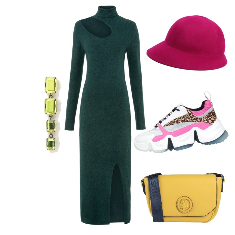 Outfit donna - Colore. Stile Basic per Tutti i giorni. Abbinamento con vestiti lunghi, sneakers, borse a tracolla, cappelli con visiera, orecchini.