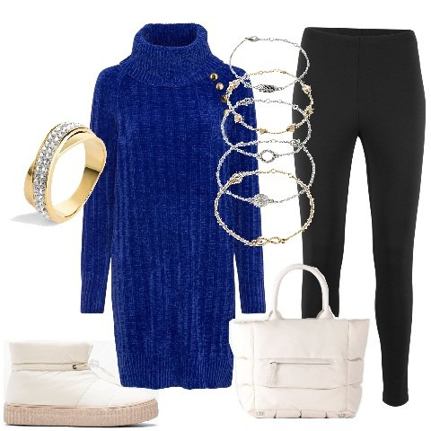 Outfit donna - BonPrix! Sconti Pre Black Friday. Stile Glamour per Ufficio. Abbinamento con leggings, braccialetti con ciondoli, maglieria, borse a mano, stivaletti, anelli.