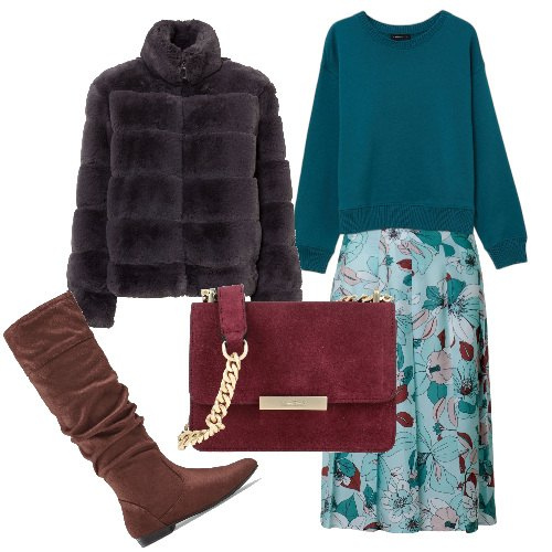 Outfit donna - Città in verde. Stile Chic per Tutti i giorni. Abbinamento con ecopellicce, stivali, borse a tracolla, felpe, gonne longuette.