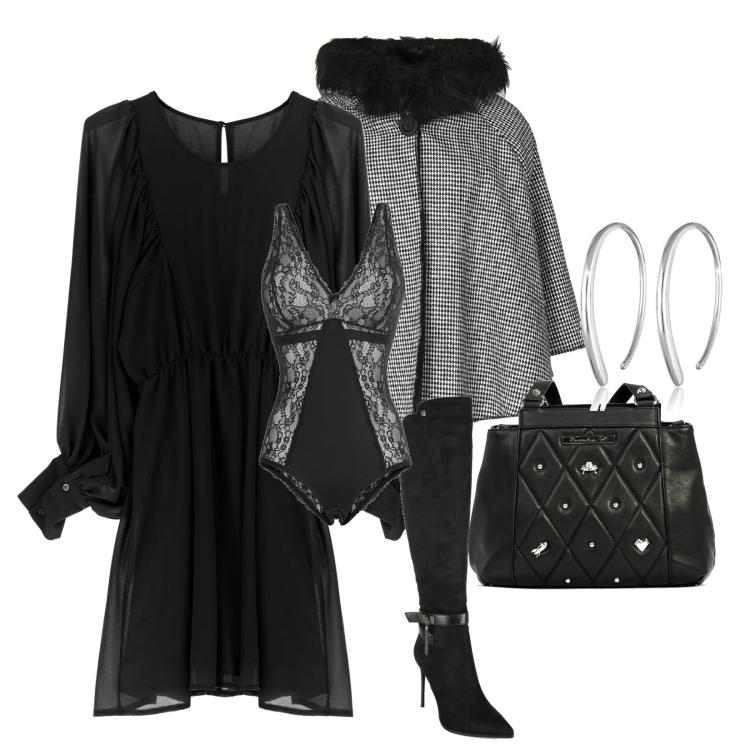 Outfit donna - Pensando a te. Stile Chic per Serata fuori. Abbinamento con body, cappe, stivali sopra il ginocchio, borse a mano, vestiti chemisier, orecchini.