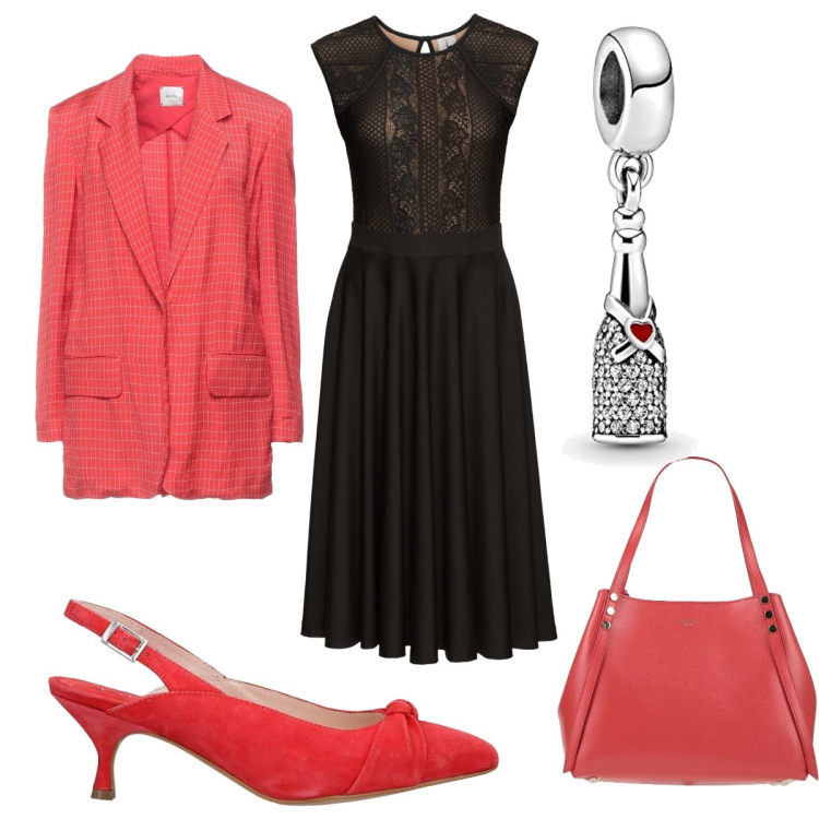 Outfit donna - Una serata in rosso e nero. Stile Glamour per Serata fuori. Abbinamento con vestiti, borse a mano, décolleté, blazer, ciondoli.