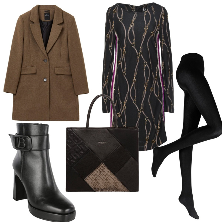 Outfit donna - Un vestito per tutti i giorni. Stile Trendy per Tutti i giorni. Abbinamento con collant, vestiti corti, stivaletti, cappotti, borse a mano.